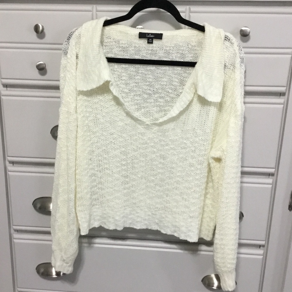 Lulus Ivory Lightweight Loose Knit Collared V Neck Pullover Sweater M